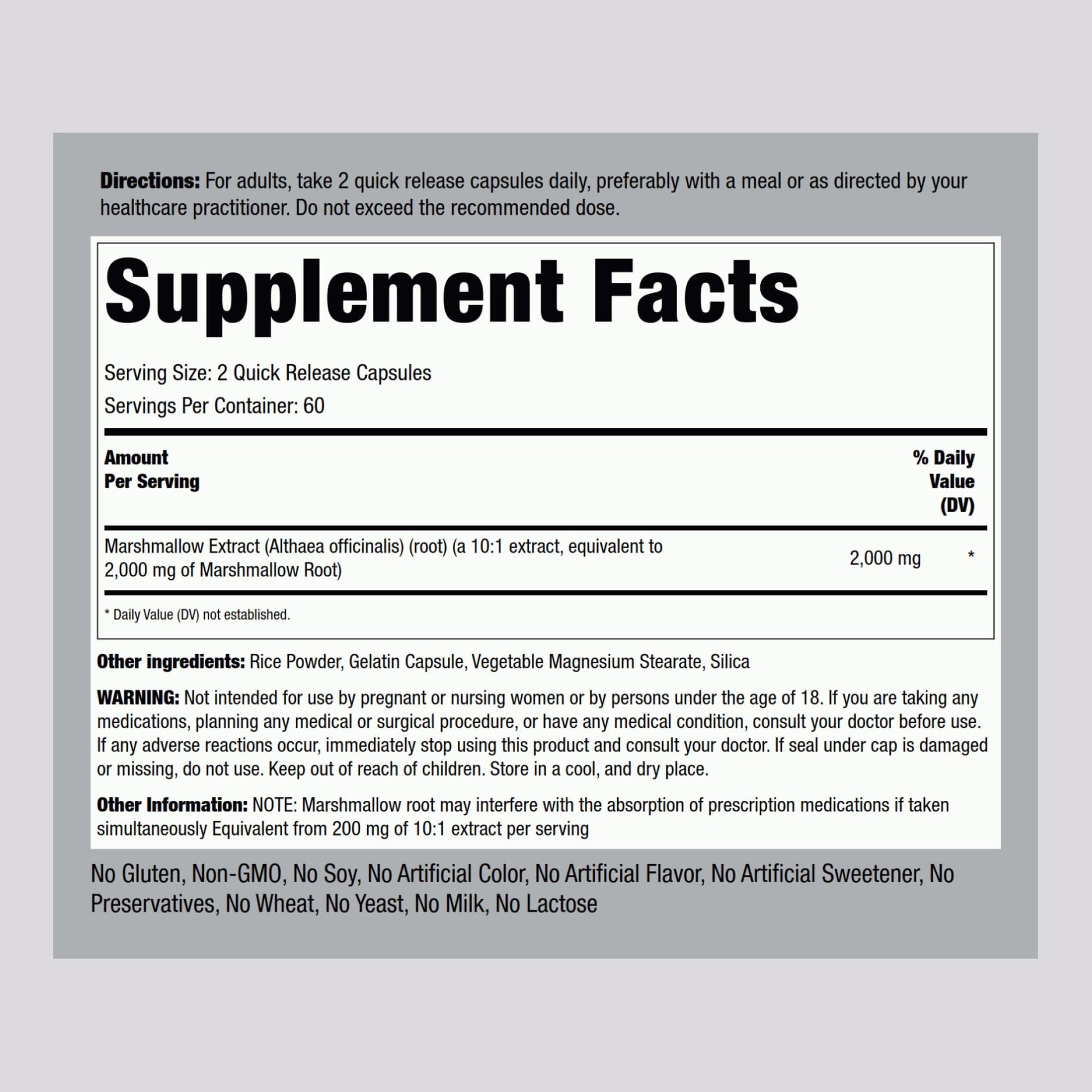 Piping Rock Marshmallow Root herbal supplement nutrition label