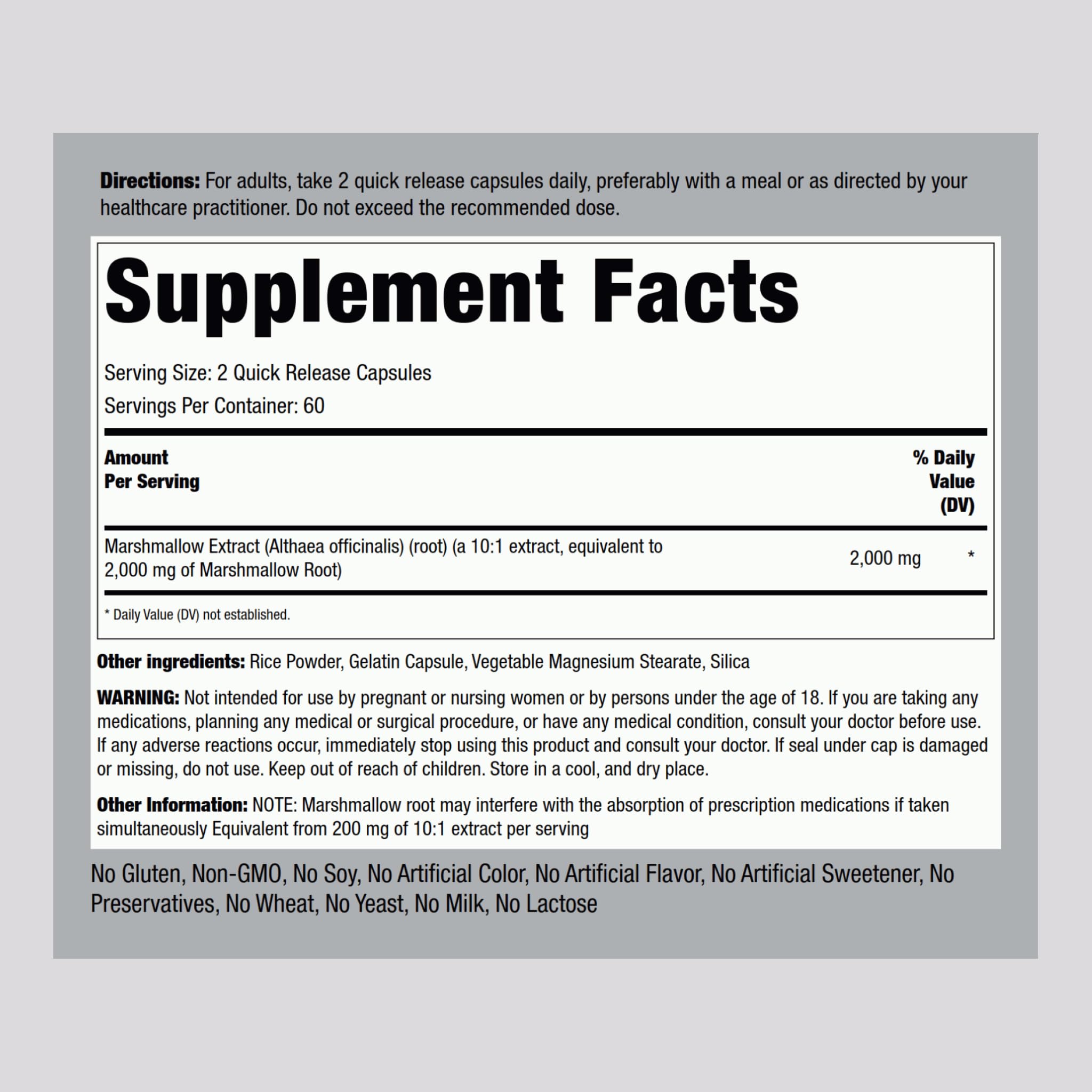 Piping Rock Marshmallow Root herbal supplement nutrition label
