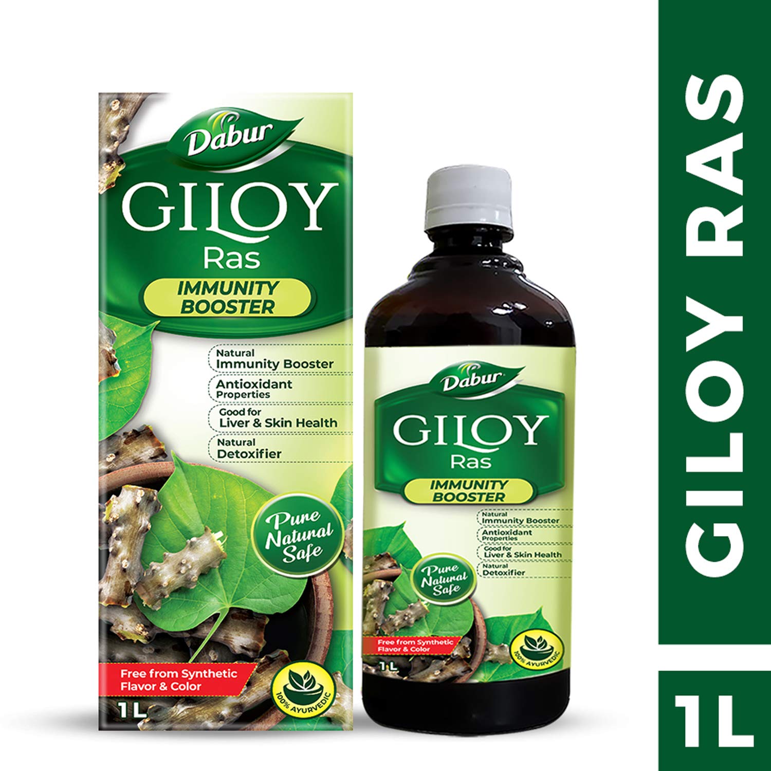 Dabur Giloy Juice 1 Litre label close up detailing natural ingredients.