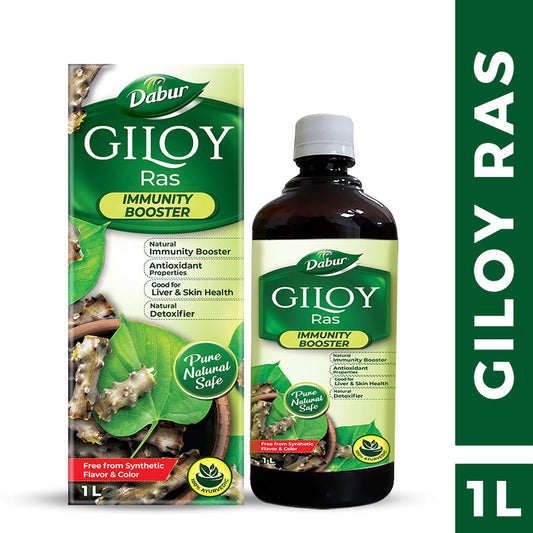 Dabur Giloy Juice 1 Litre label close up detailing natural ingredients.