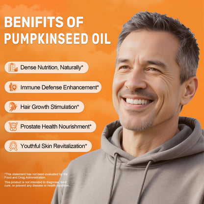 Side angle of BEWORD pumpkin seed oil supplement showing the three hundred count volume
