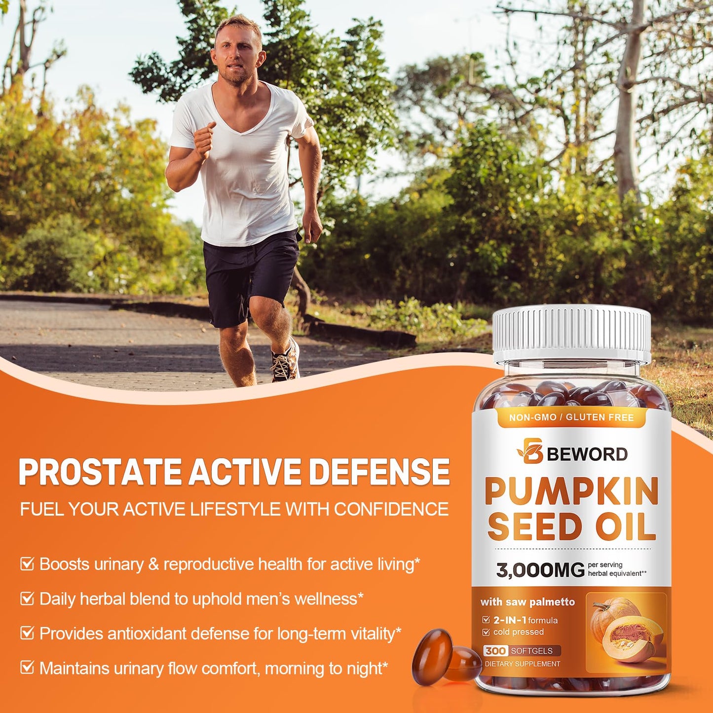 BEWORD dual-action saw palmetto dietary supplement displayed on a clean background