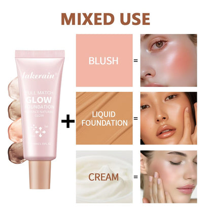 Model applying NAISSIYA lightweight moisturizing glow foundation to the cheekbones