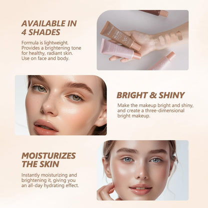 NAISSIYA face and body liquid highlighter tube being held against a minimalist background