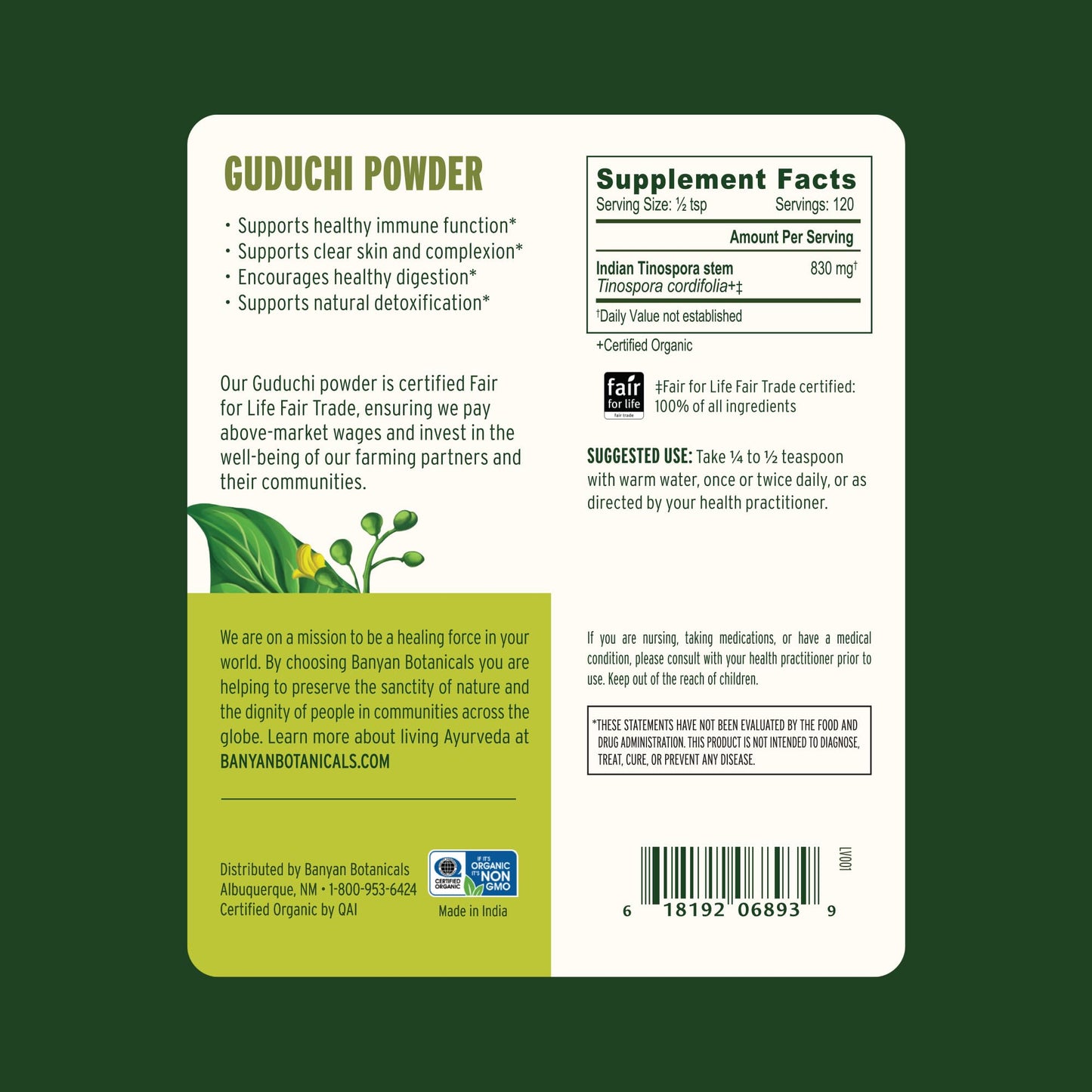 Banyan Botanicals Organic Guduchi Powder ingredient label showing 100 percent pure Tinospora cordifolia stem