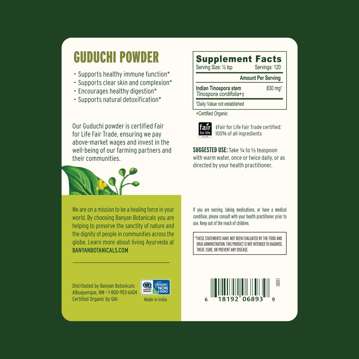 Banyan Botanicals Organic Guduchi Powder ingredient label showing 100 percent pure Tinospora cordifolia stem
