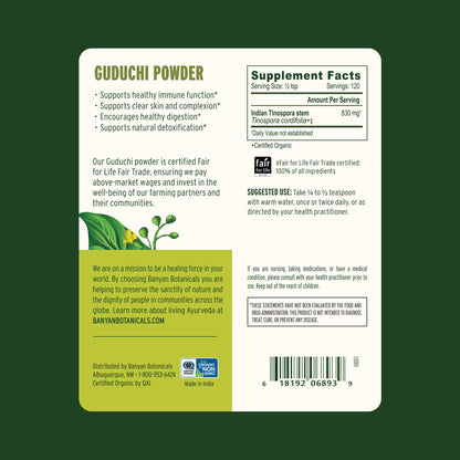 Banyan Botanicals Organic Guduchi Powder ingredient label showing 100 percent pure Tinospora cordifolia stem