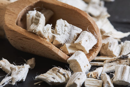 Close-up of dried marshmallow root chunky cuts for brewing soothing digestive herbal infusions