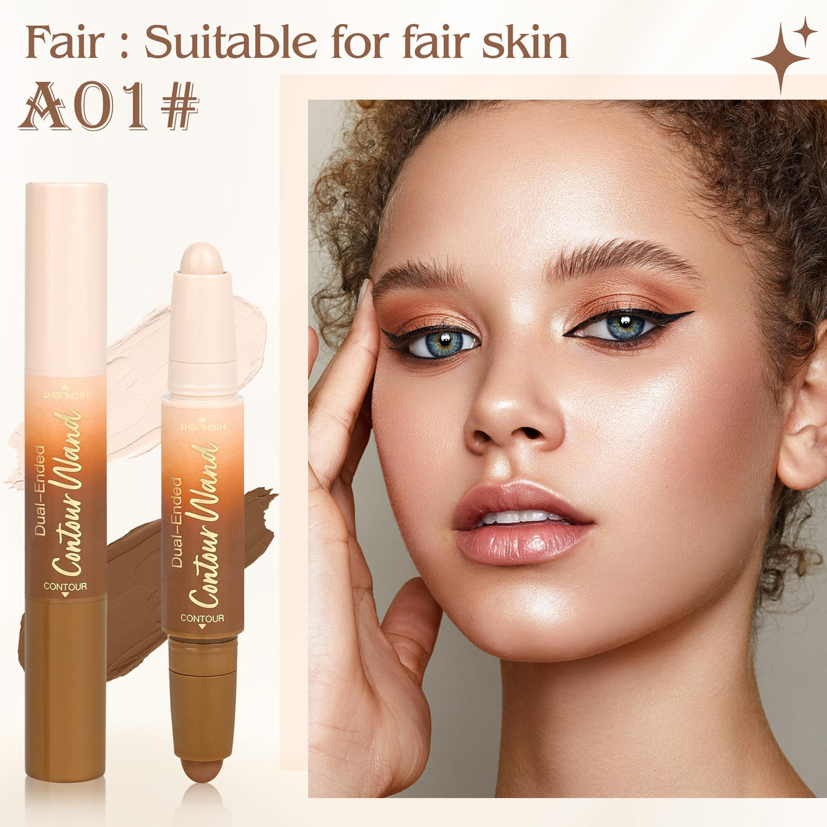 Dual-ended contour stick showing dark bronzer and light beige highlighter tips