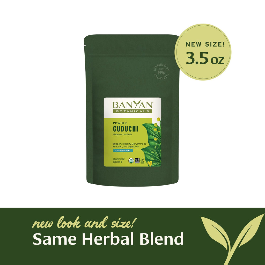 Banyan Botanicals Organic Guduchi Powder packaging side display showing vegan and non GMO dietary information