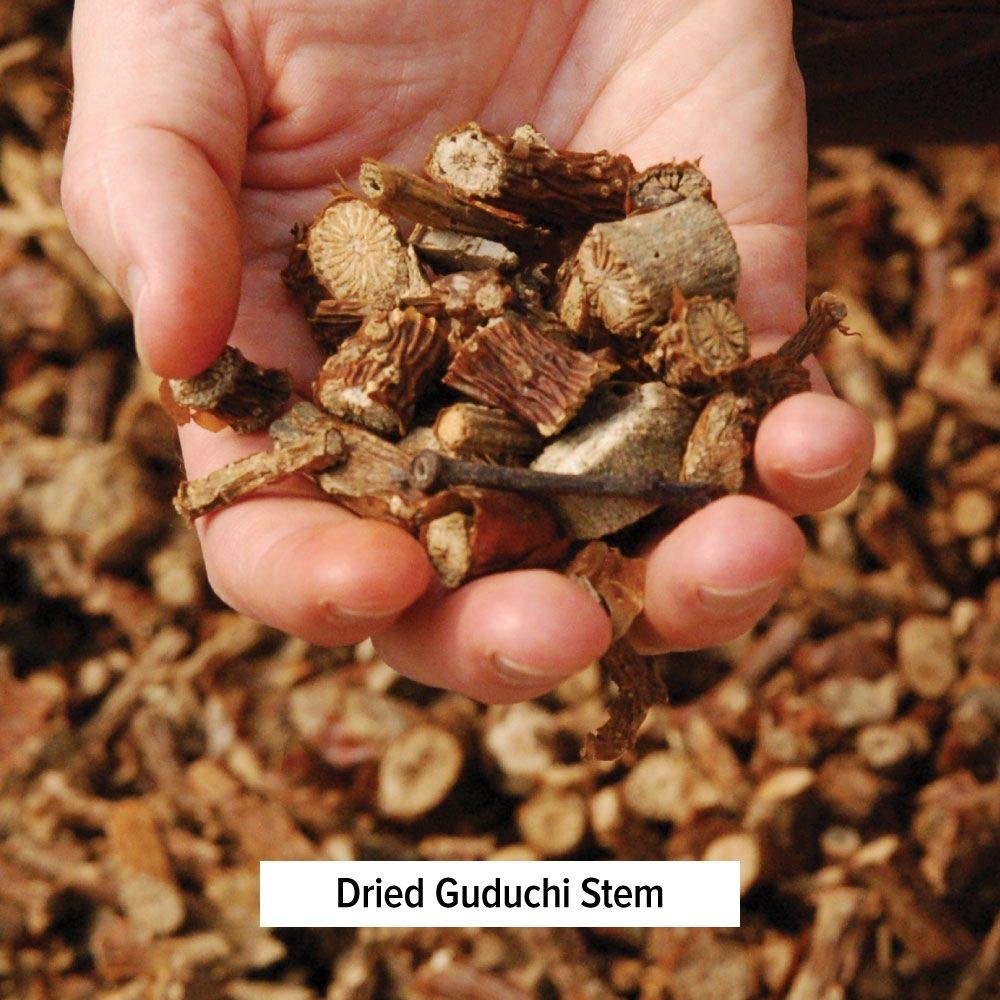 Banyan Botanicals Organic Guduchi Powder measuring spoon view demonstrating correct usage and daily dosage
