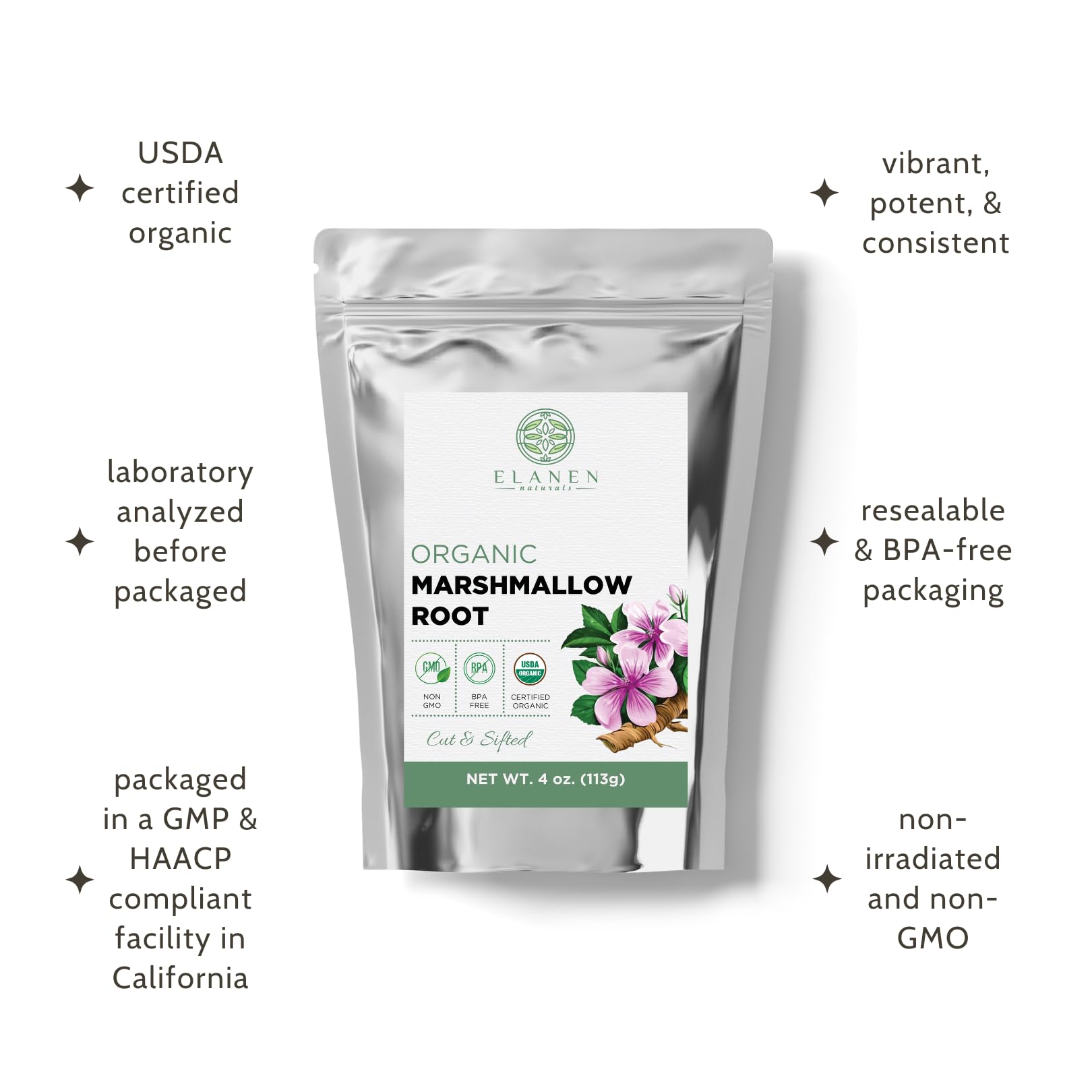 Elanen Naturals marshmallow root herb bag back label details