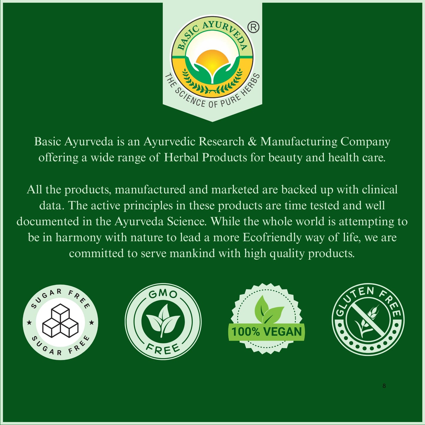 Basic Ayurveda Giloy powder branding and quality certification icons