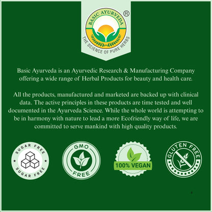 Basic Ayurveda Giloy powder branding and quality certification icons