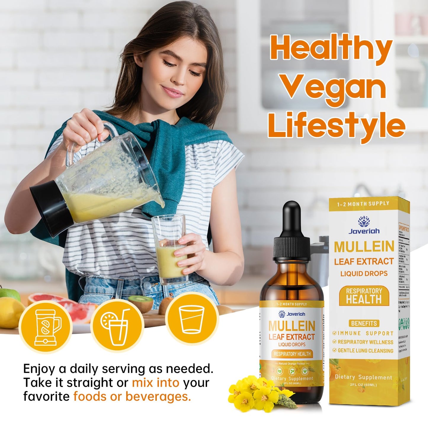 Natural orange flavored Javeriah Mullein Drops liquid supplement