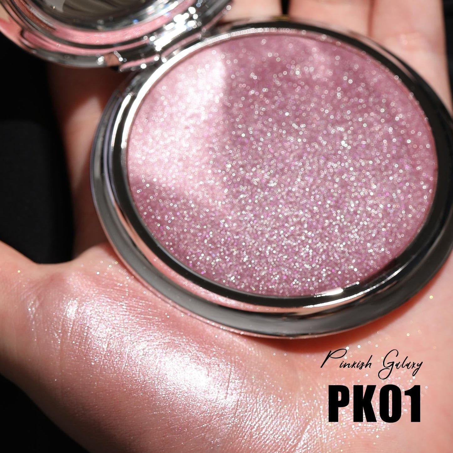 FOCALLURE luminous face makeup powder compact packaging demonstrating the unique pinkish galaxy shade variations.