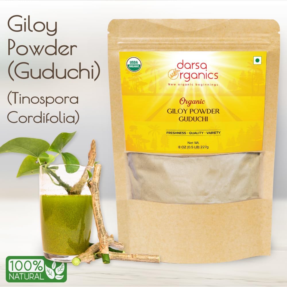 Back label of USA imported darsa organics tinospora cordifolia powder detailing nutritional facts and organic seals
