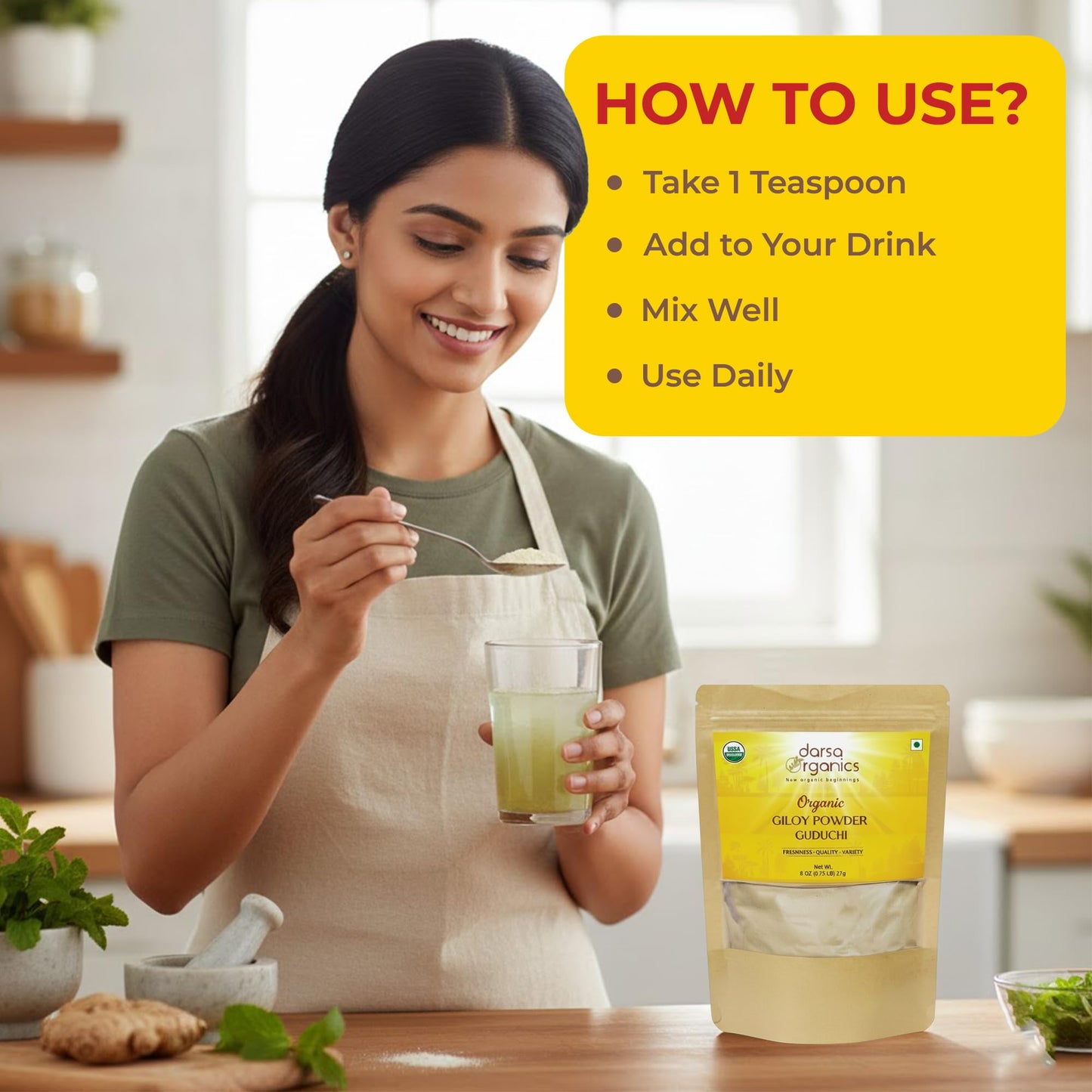 Eight ounce package of darsa organics ayurvedic giloy powder displayed on a clean background for daily wellness