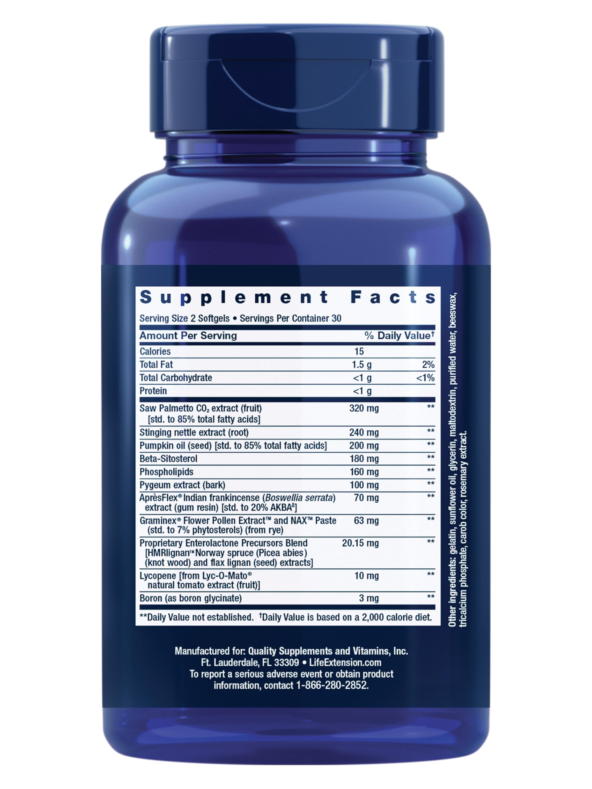 Life Extension Ultra Prostate Formula nutritional facts label listing saw palmetto and pygeum ingredients.