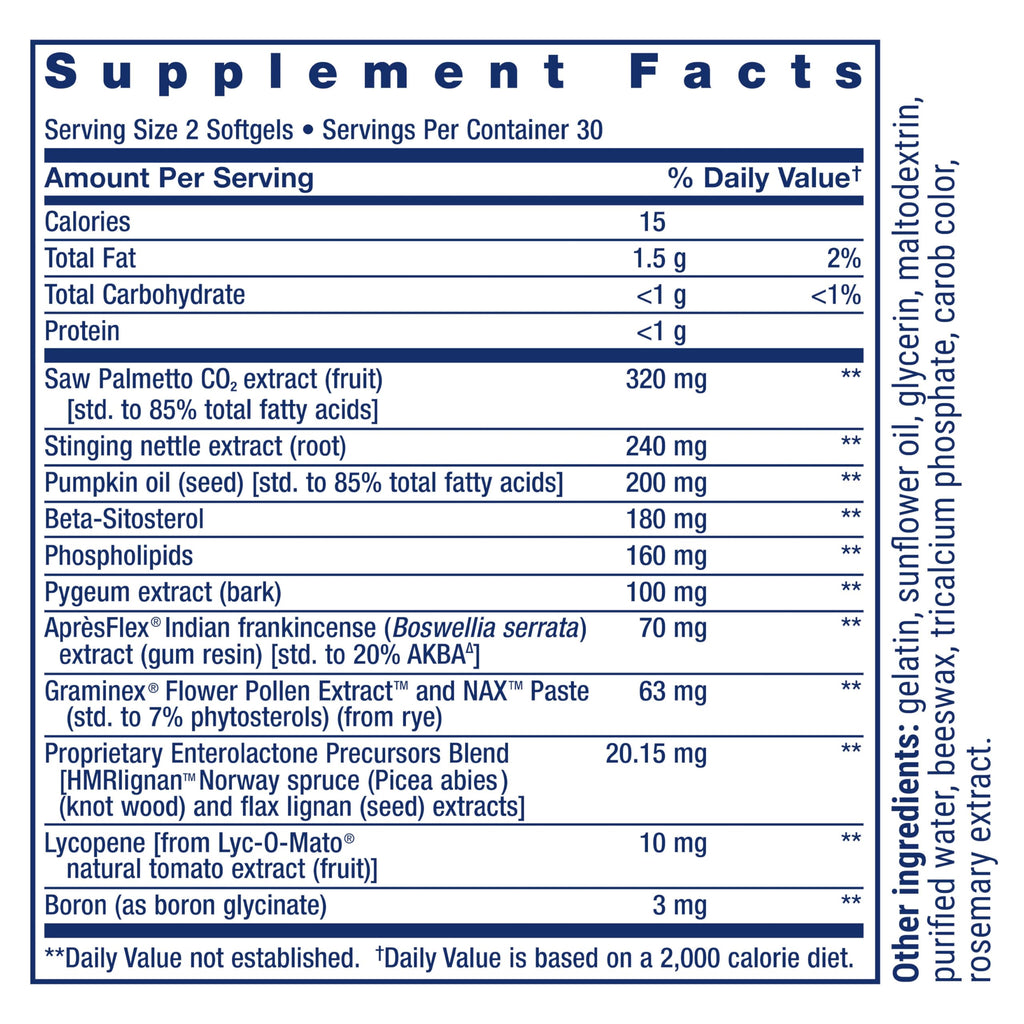 Side view of Life Extension Ultra Prostate Formula bottle showing non-GMO and gluten-free certifications.
