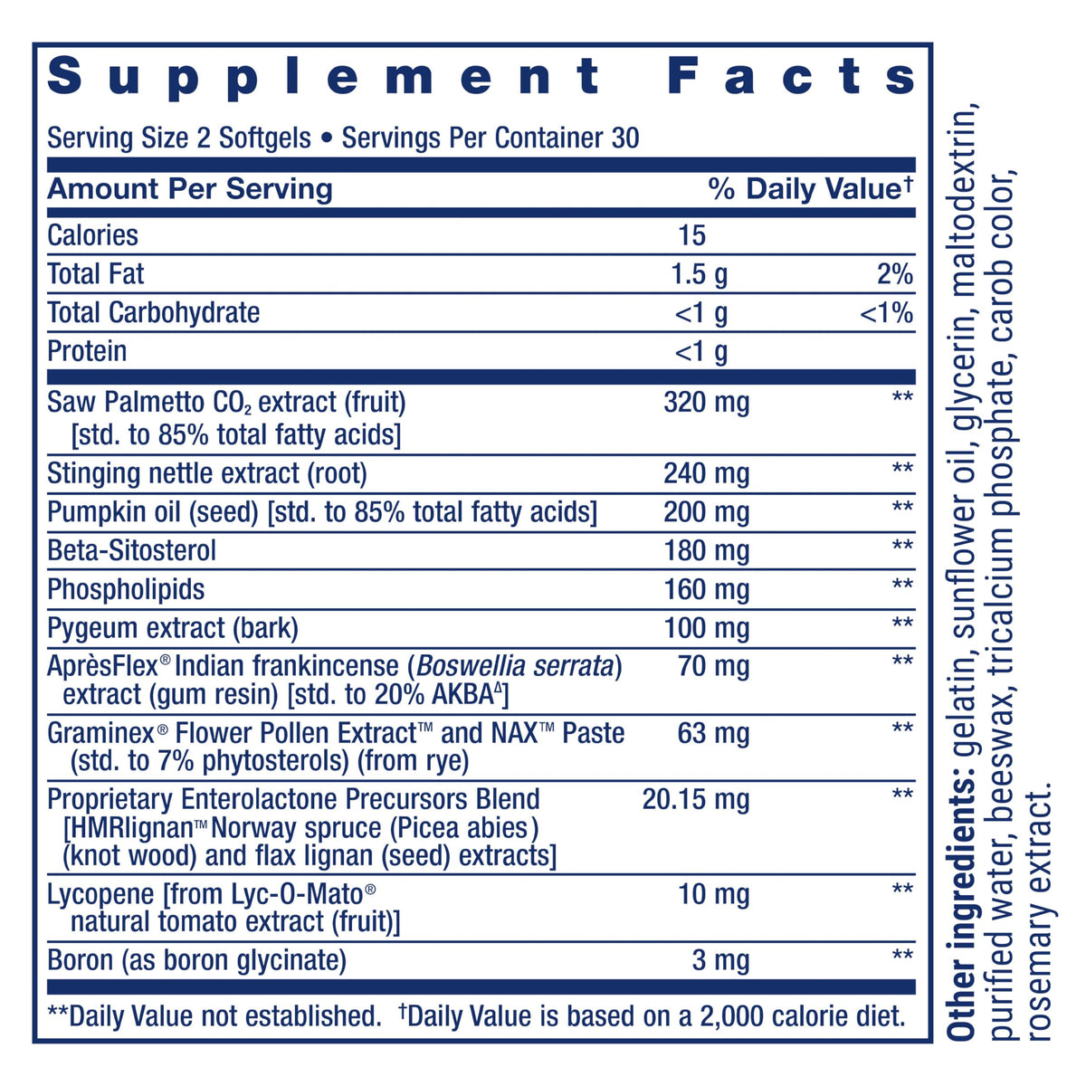 Side view of Life Extension Ultra Prostate Formula bottle showing non-GMO and gluten-free certifications.
