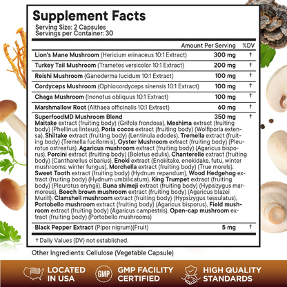 Superfood MD 20-in-1 mushroom blend supplement label details