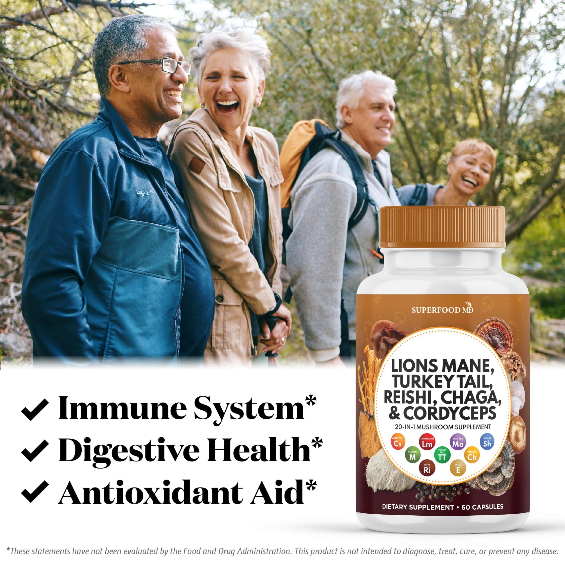 Supplement facts label on Superfood MD mushroom bottle