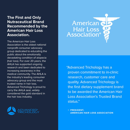 Advanced Trichology hair loss supplement back label showing natural ingredients list.