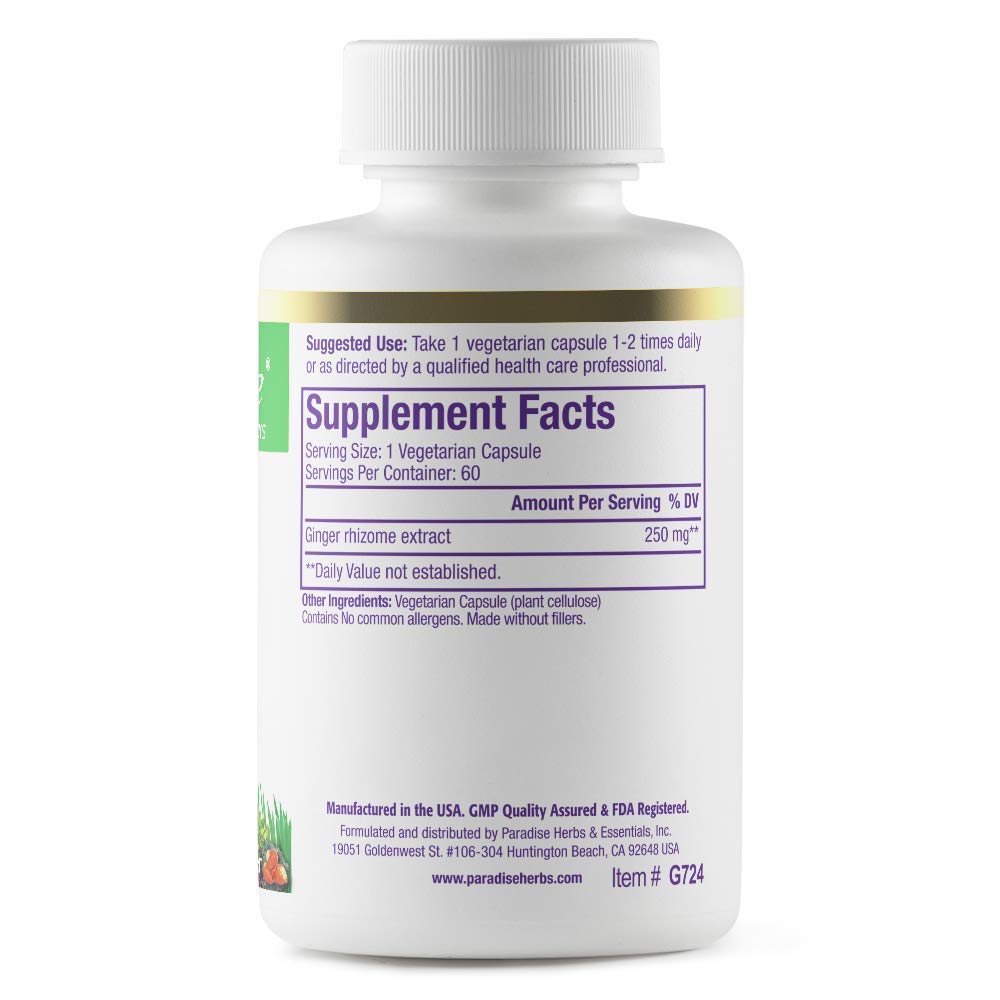 Supplement facts and standardized gingerols ingredient label on the back of Paradise Herbs Rainforest Ginger bottle