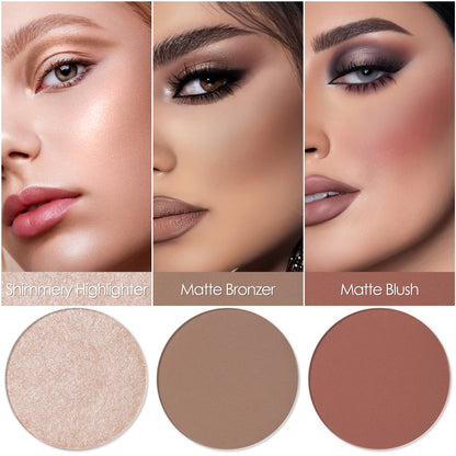 FOCALLURE makeup powder palette open view displaying the matte blush and shimmer illuminator shades
