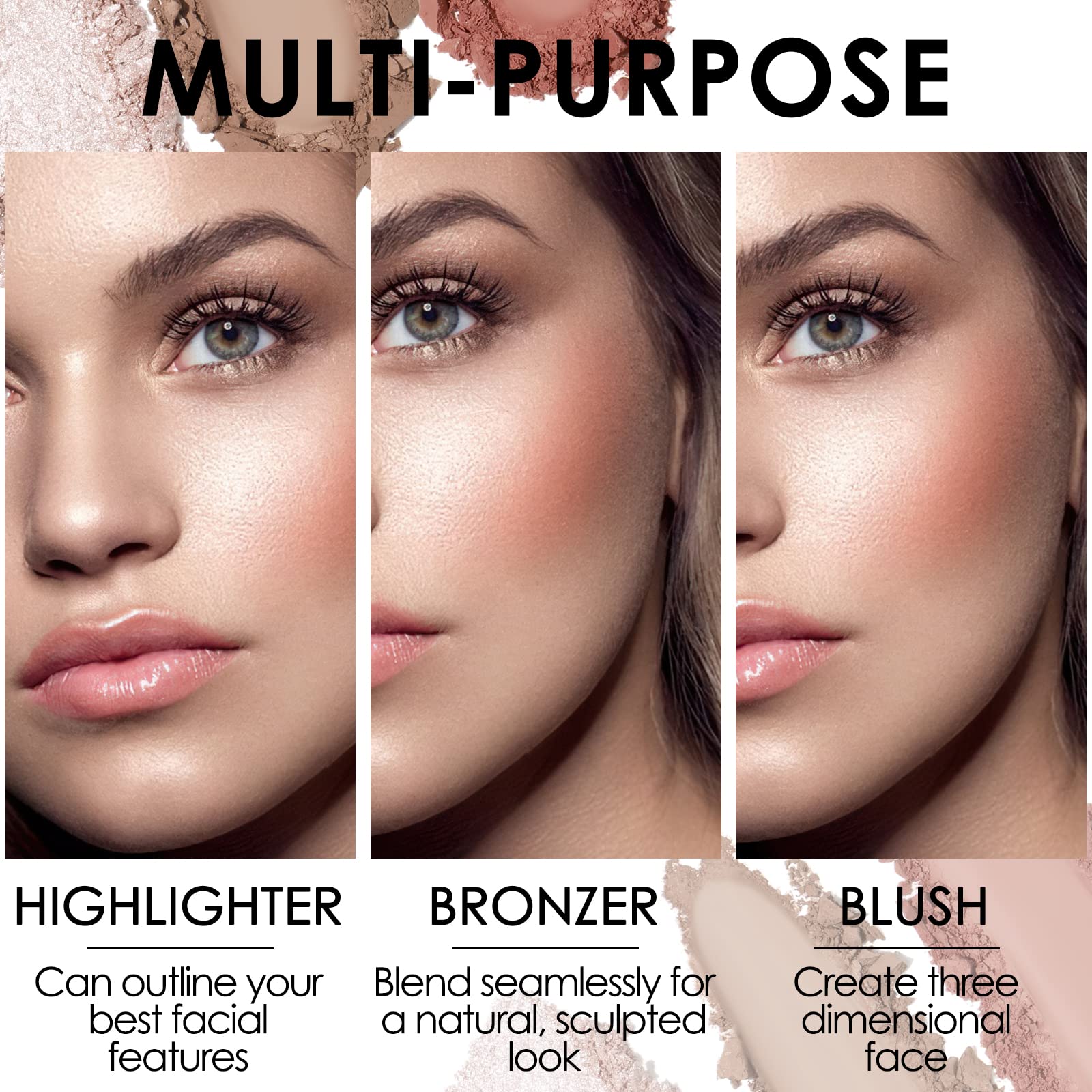 FOCALLURE three in one cheek palette showing the waterproof long lasting formula colors close up