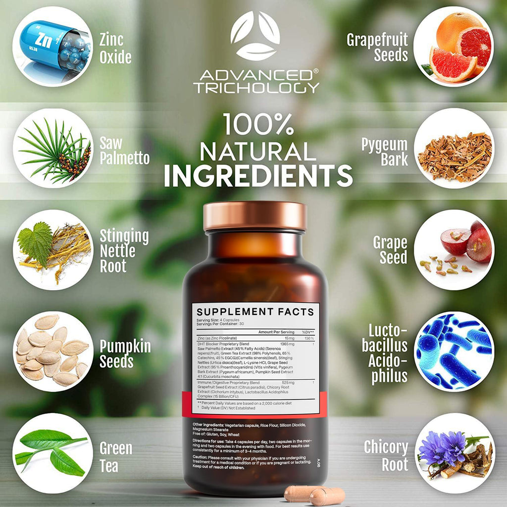 Advanced Trichology supplement bottle displayed alongside clean lifestyle elements showing premium packaging.