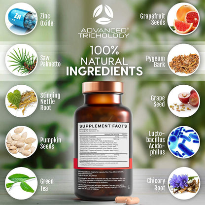 Advanced Trichology supplement bottle displayed alongside clean lifestyle elements showing premium packaging.