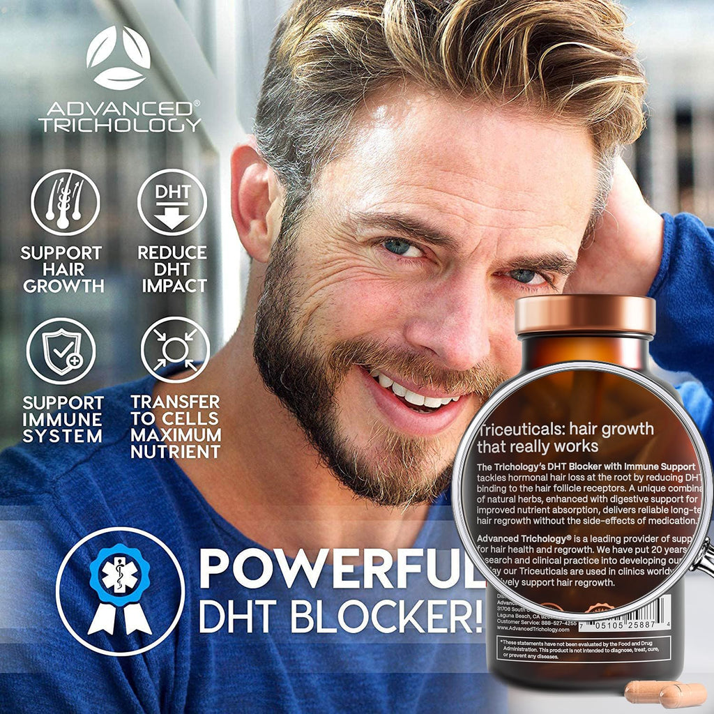 Advanced Trichology DHT Blocker capsules poured out showing the vegetarian capsule form factor.