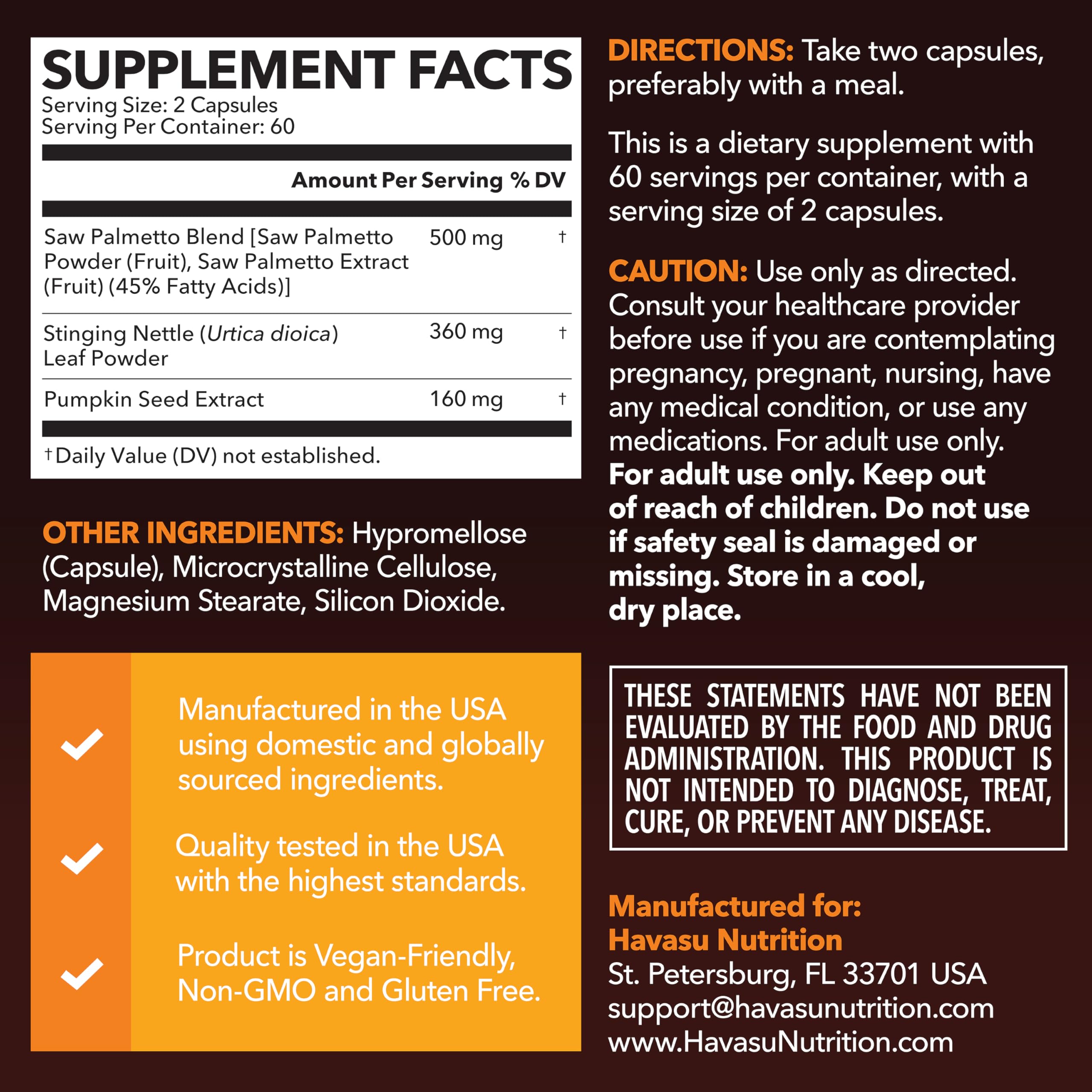 Havasu Nutrition Saw Palmetto 3X Formula dietary supplement bottle showing ingredient panel and dosage instructions.