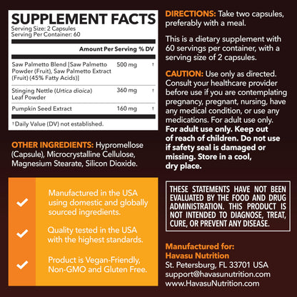 Havasu Nutrition Saw Palmetto 3X Formula dietary supplement bottle showing ingredient panel and dosage instructions.