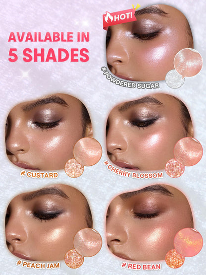 Close up view of the long lasting glittery glow pattern on the highlighter pan.