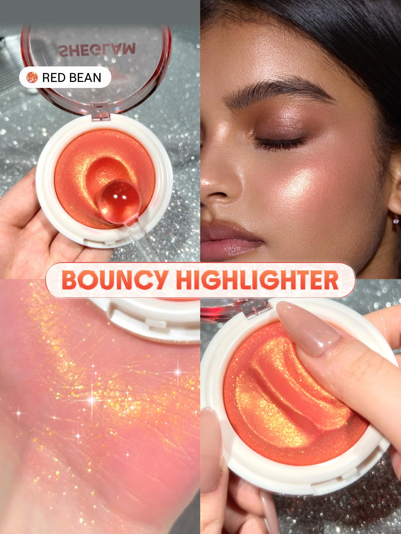 SHEGLAM face highlighter being applied to cheekbones with a finger for a seamless blend.