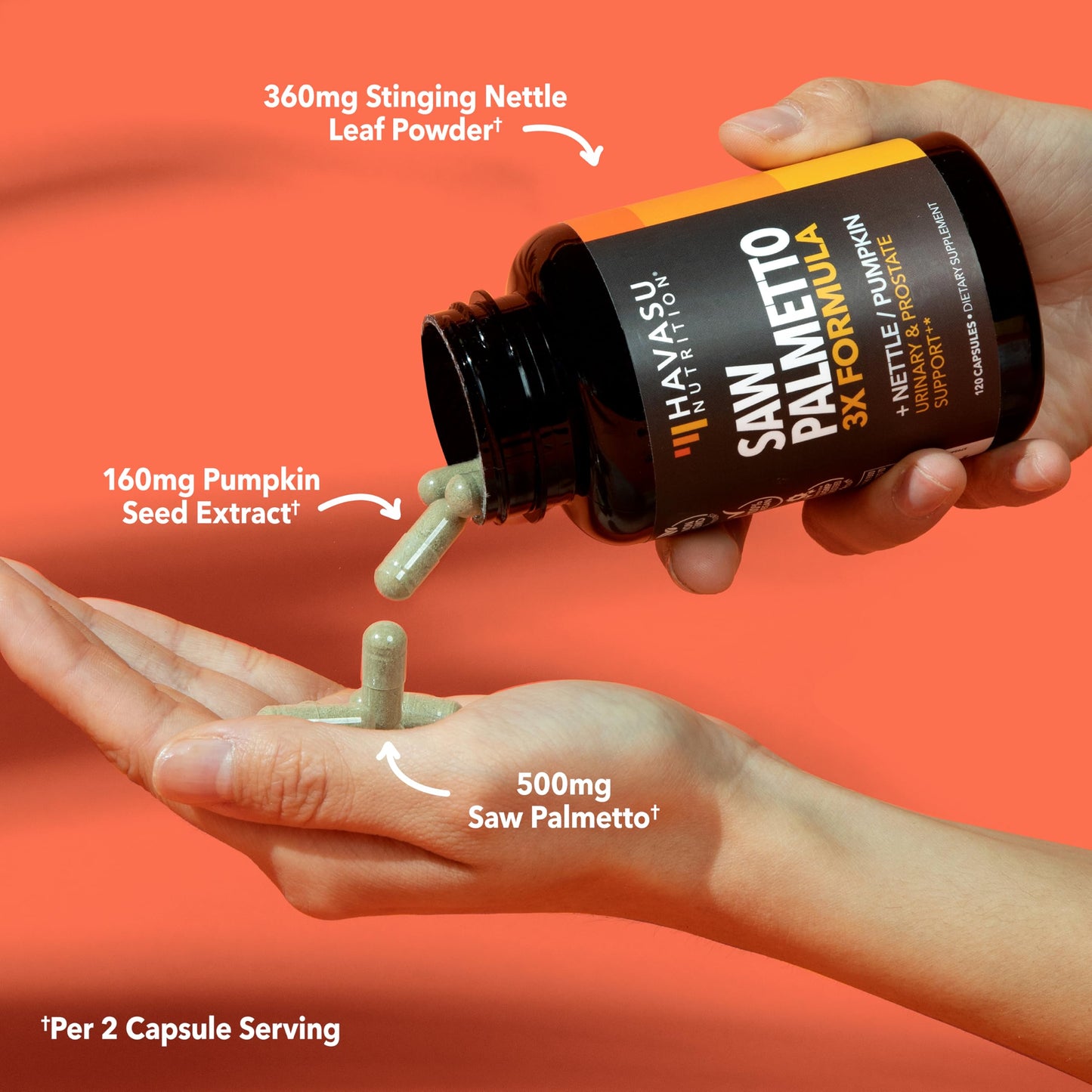 Havasu Nutrition Saw Palmetto prostate support formula showing vegan and non-GMO certification badges.
