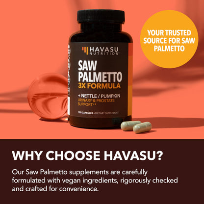 Havasu Nutrition Saw Palmetto supplement bottle showcasing natural DHT blocker benefits for hair health.