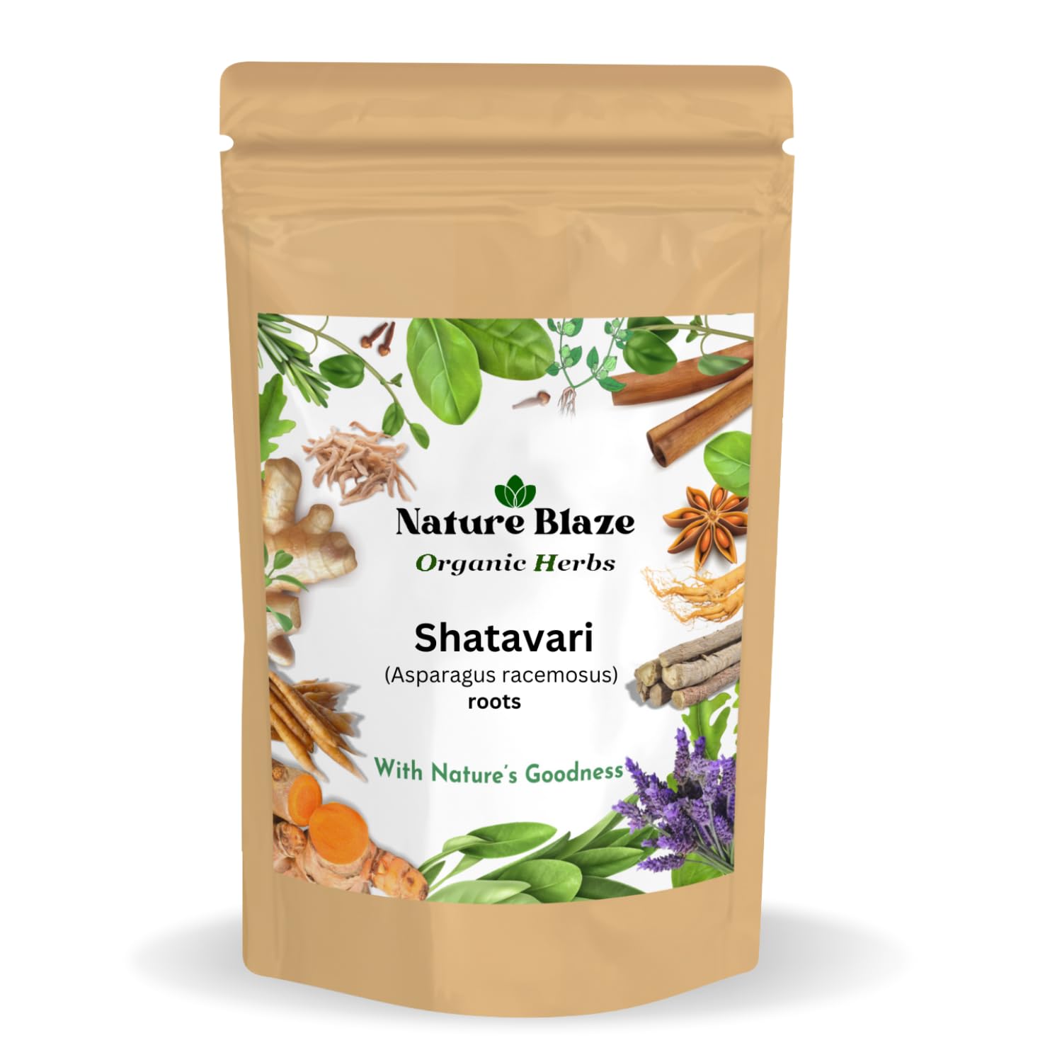 Nature Blaze Asparagus Racemosus supplement package highlighting nutritional benefits and Ayurvedic ingredients label.