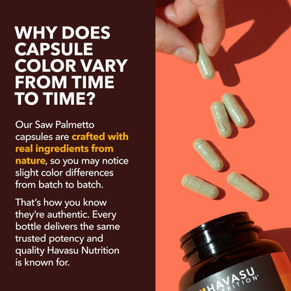 Havasu Nutrition Saw Palmetto 120 count packaging detailing the complete male wellness herbal blend.