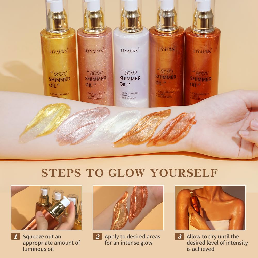 LIYALAN liquid tanning makeup oil texture close up with shimmering gold particles