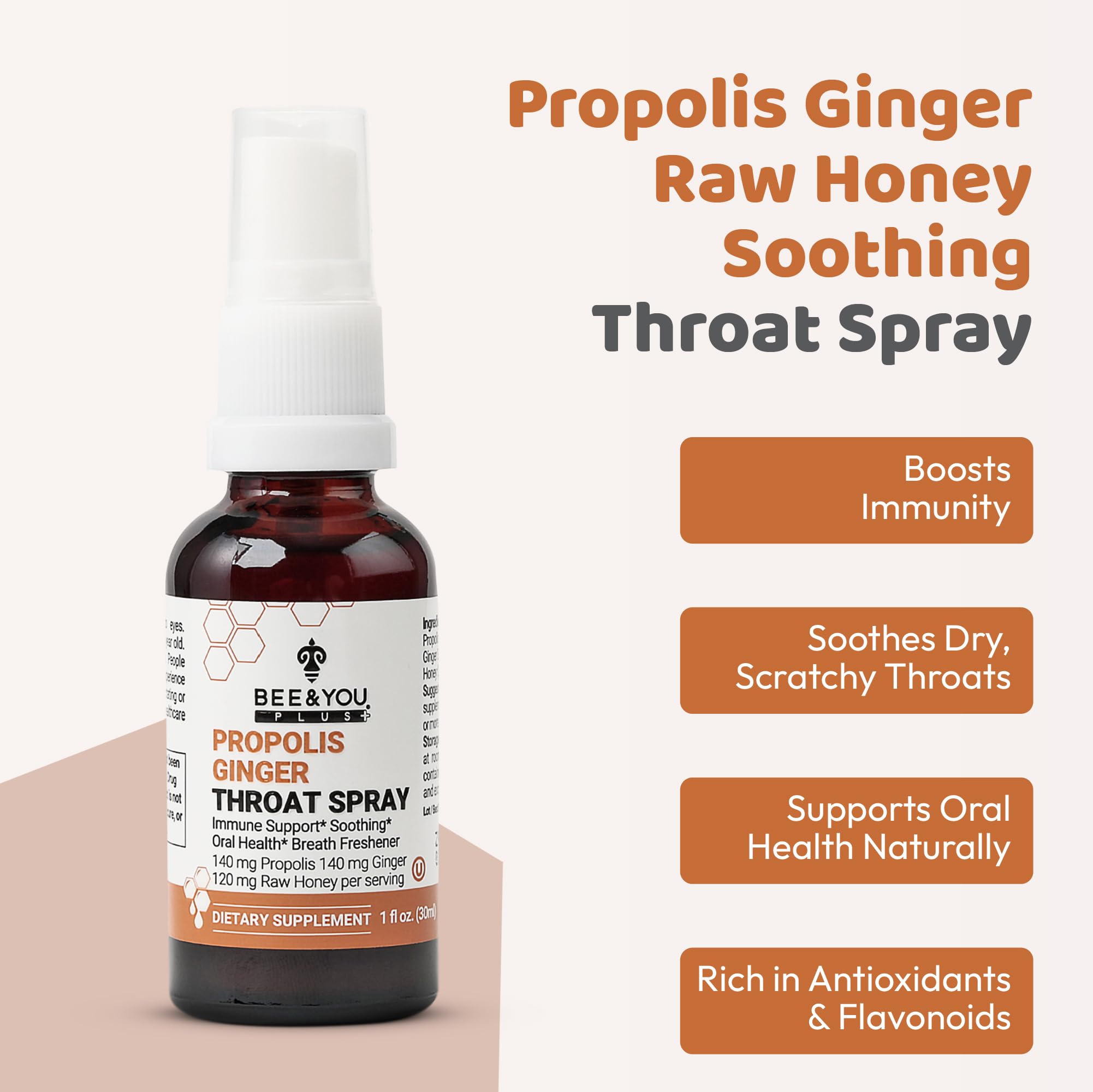 Bee And You propolis throat spray bottle showing pure organic ingredients list