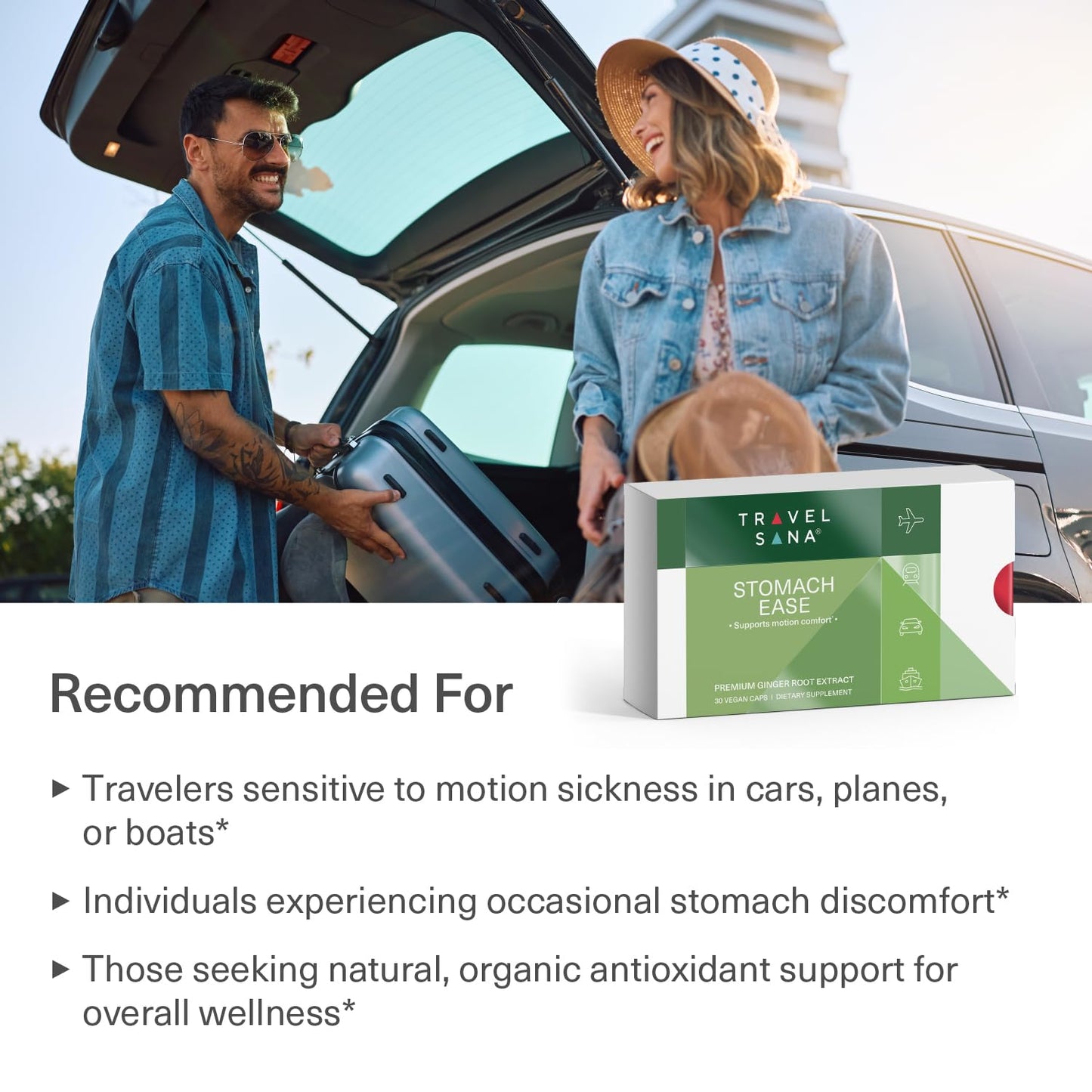 TRAVELSANA anti nausea travel supplement nutrition facts and ingredient list label.