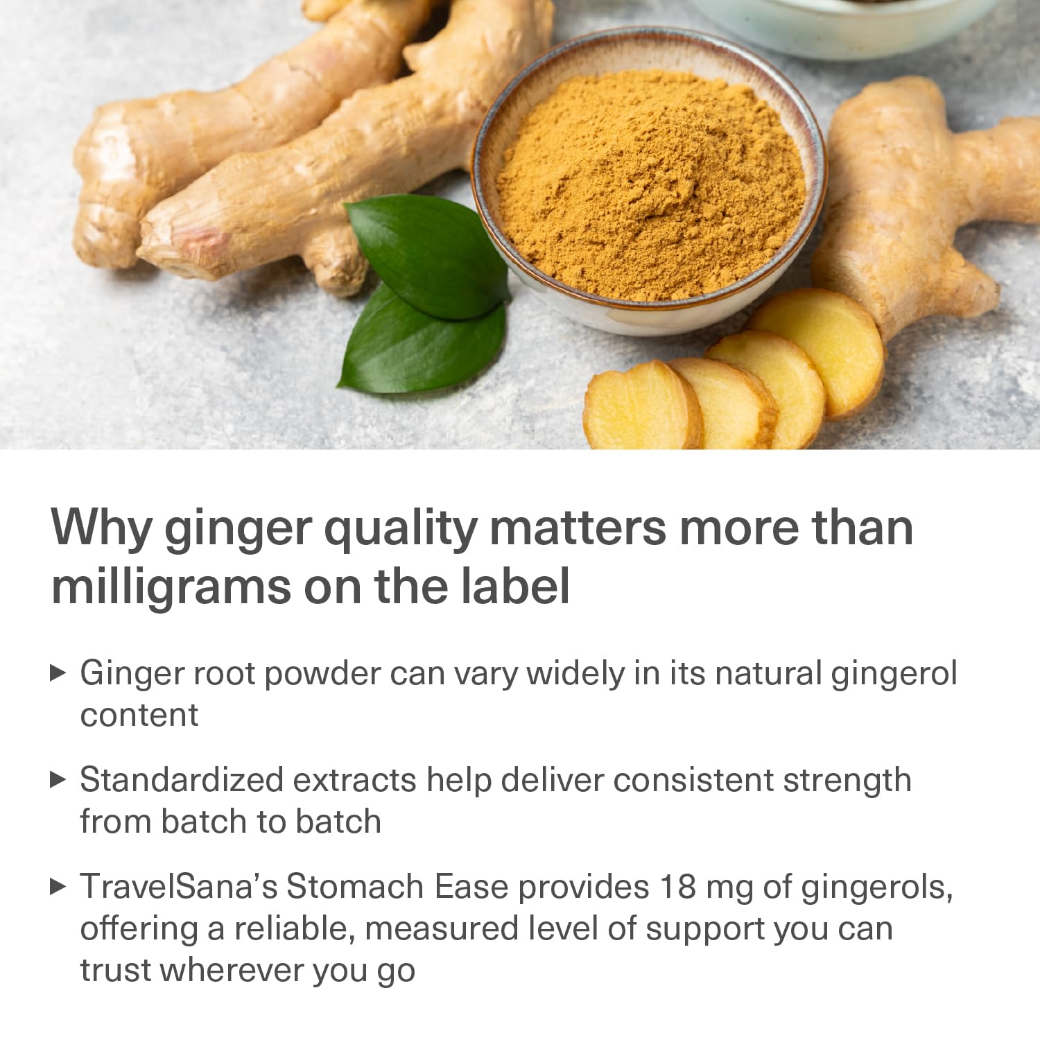 TRAVELSANA motion comfort ginger supplement box side packaging view.