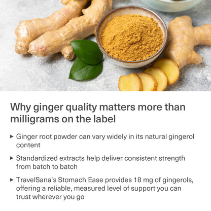 TRAVELSANA motion comfort ginger supplement box side packaging view.
