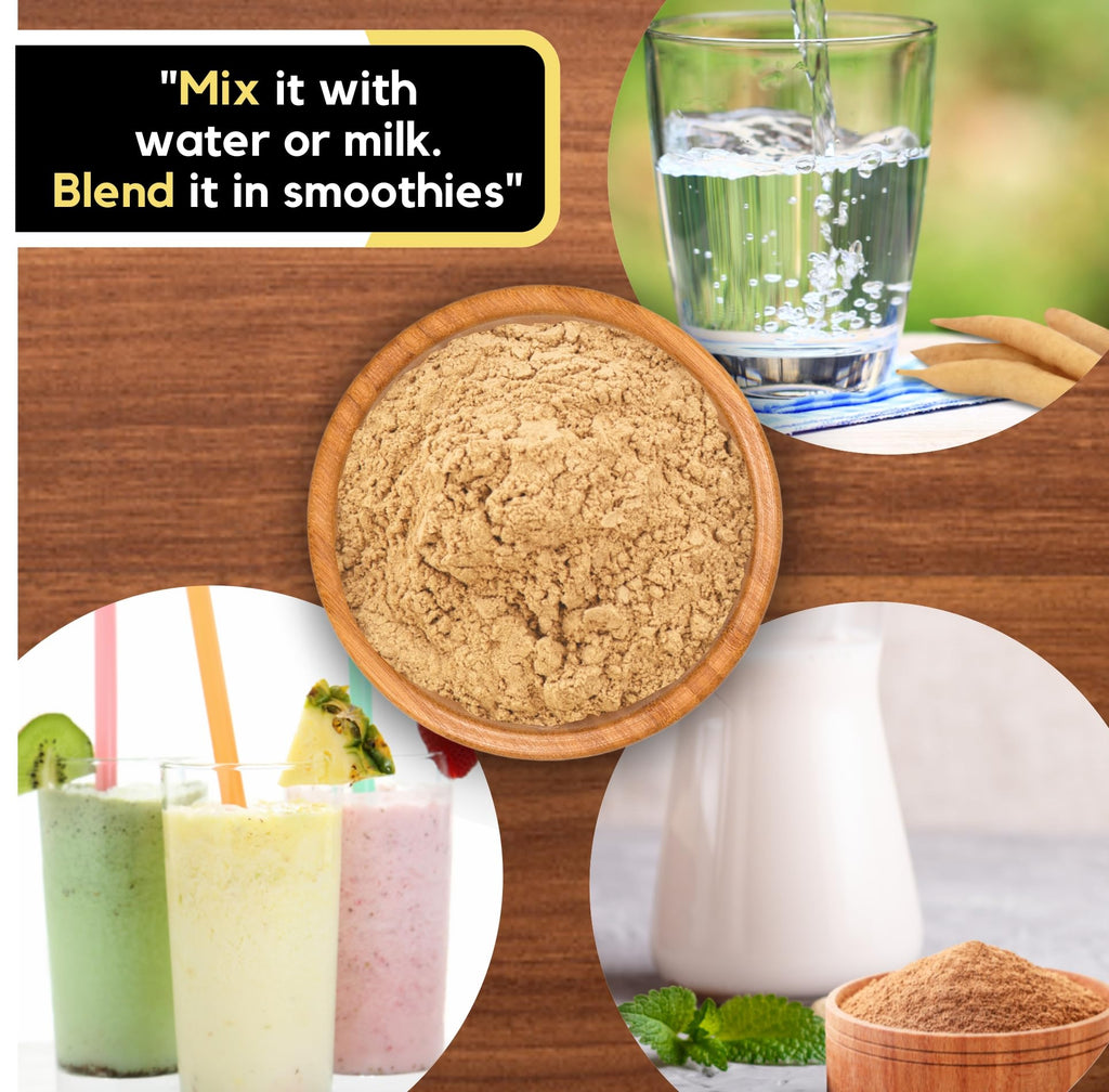 Finely processed Organic Zing Shatavari herbal root powder being mixed into a healthy morning wellness smoothie