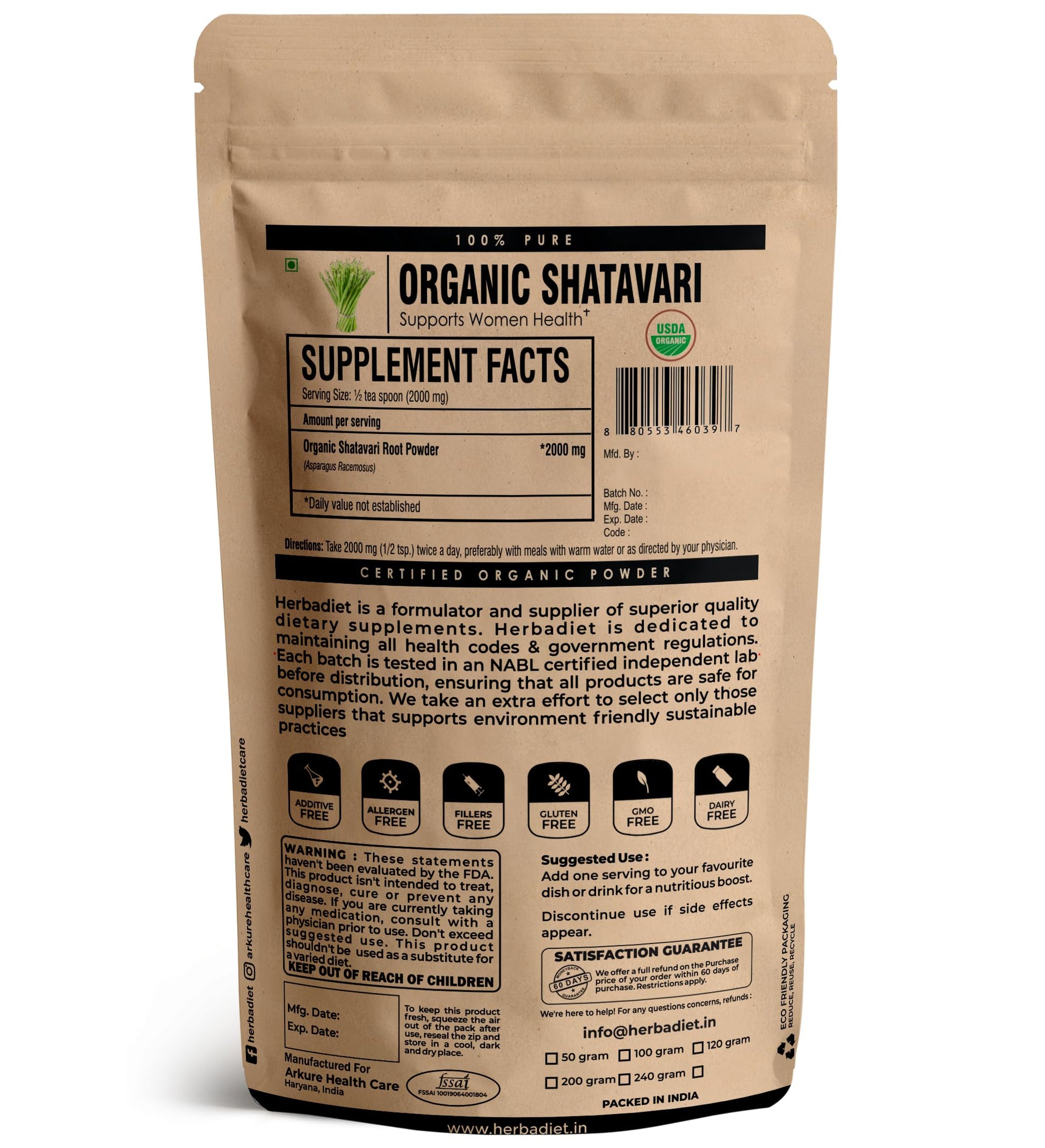Herbadiet Asparagus Racemosus supplement powder for women hormonal balance