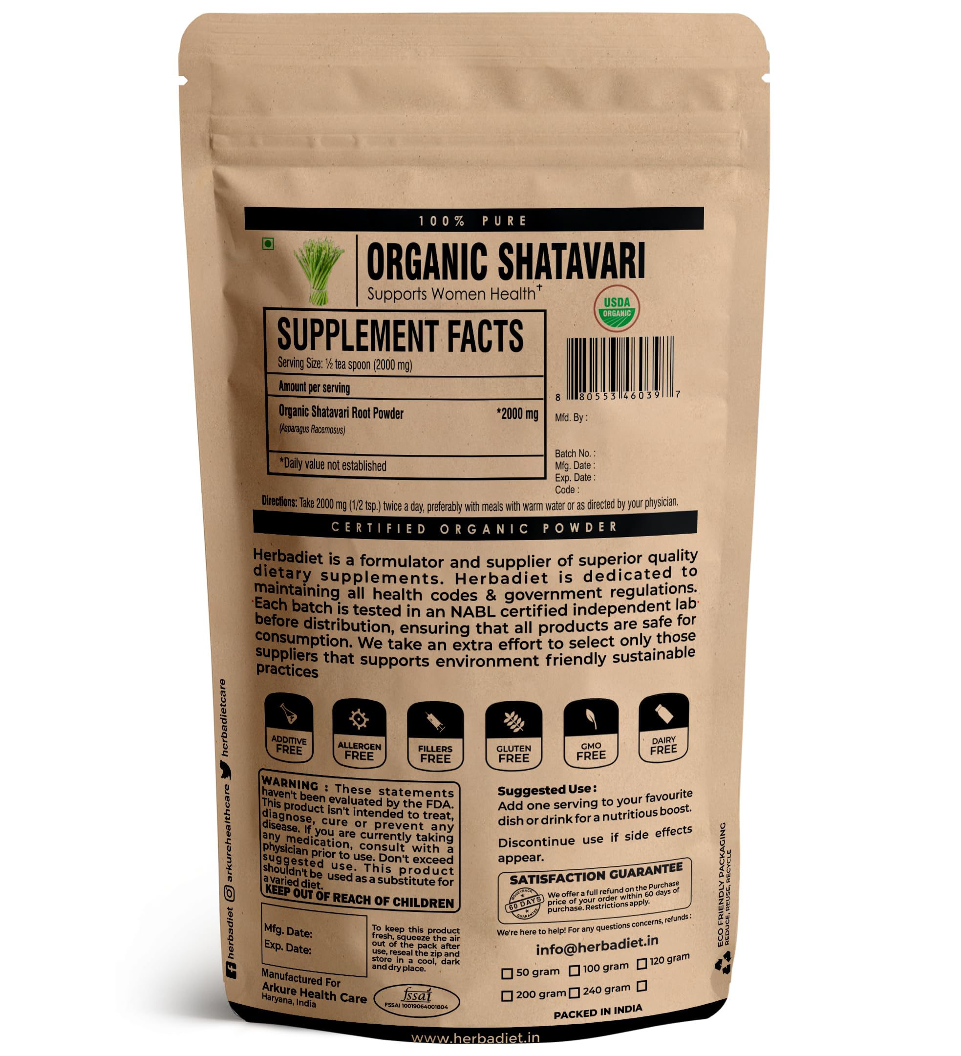 Herbadiet Asparagus Racemosus supplement powder for women hormonal balance